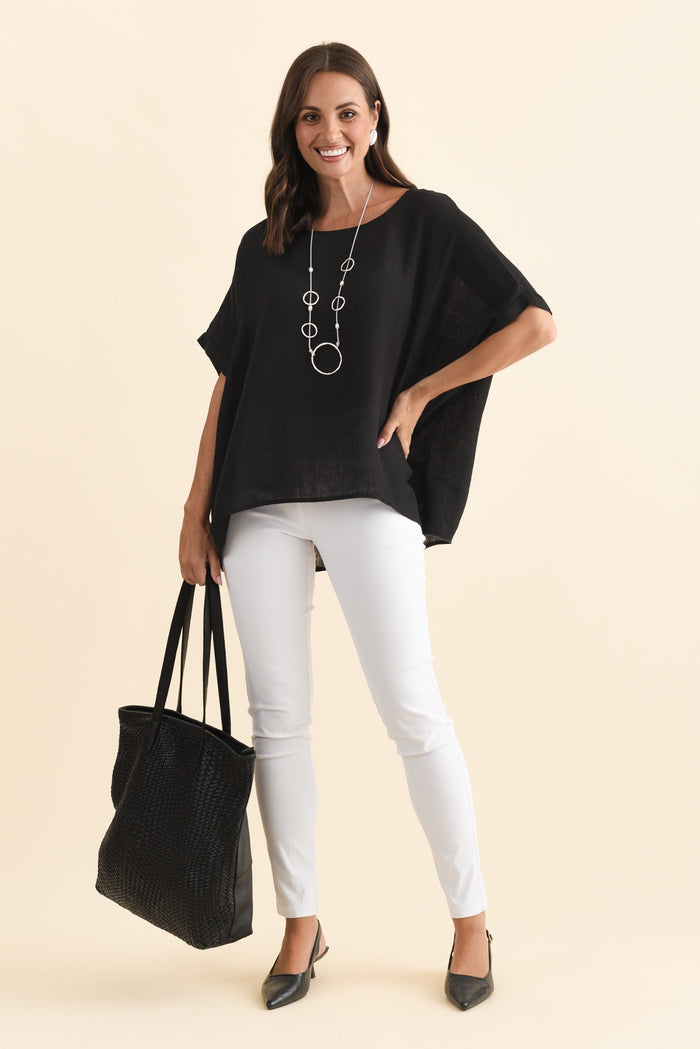Chaya Black Linen Top,Brunette model,alt text|model:MJ