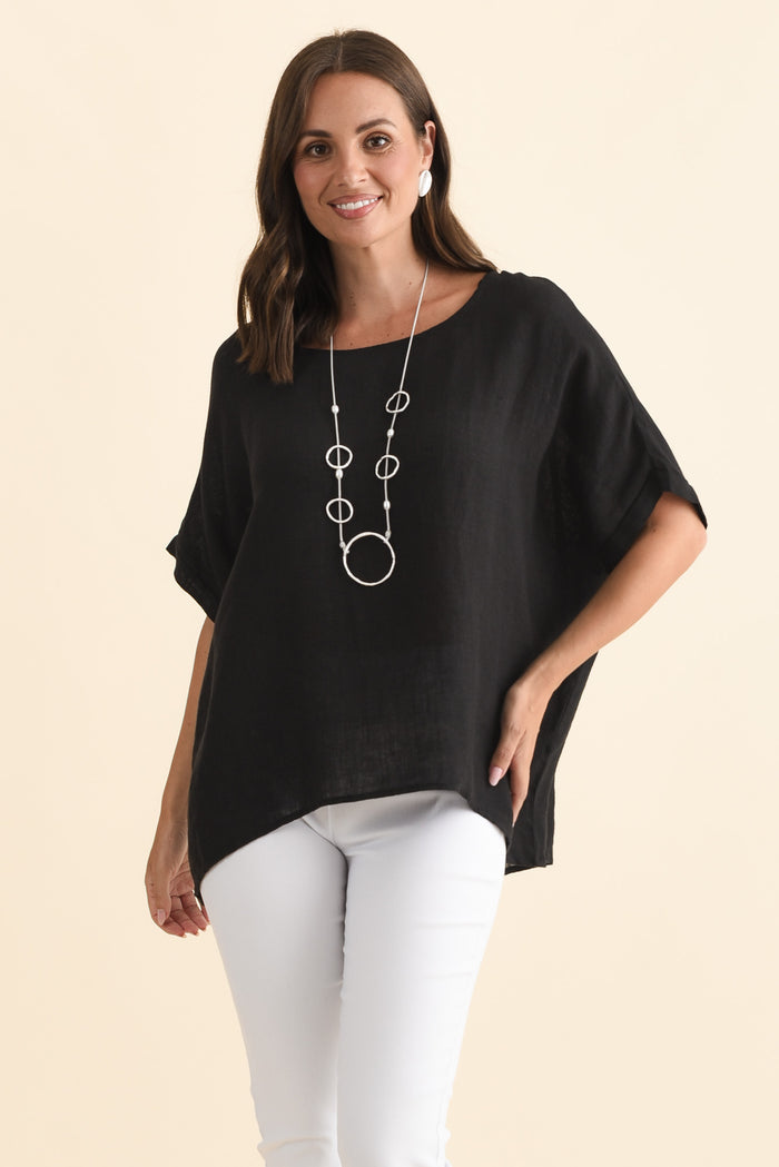 Chaya Black Linen Top,Brunette model,alt text|model:MJ