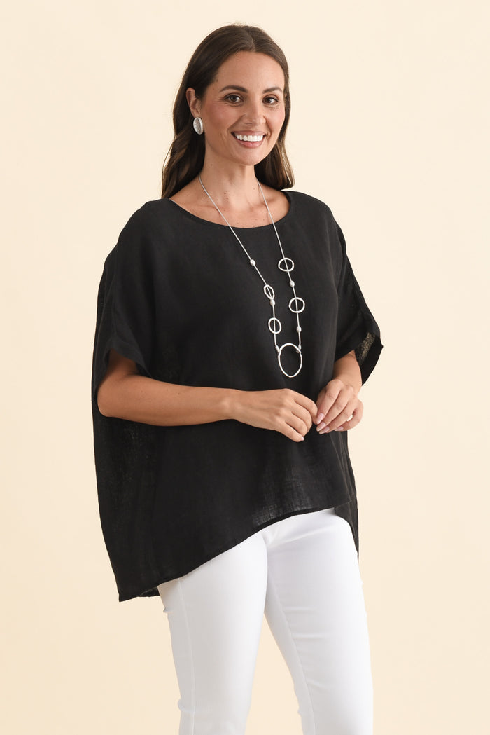 Chaya Black Linen Top,Brunette model,alt text|model:MJ
