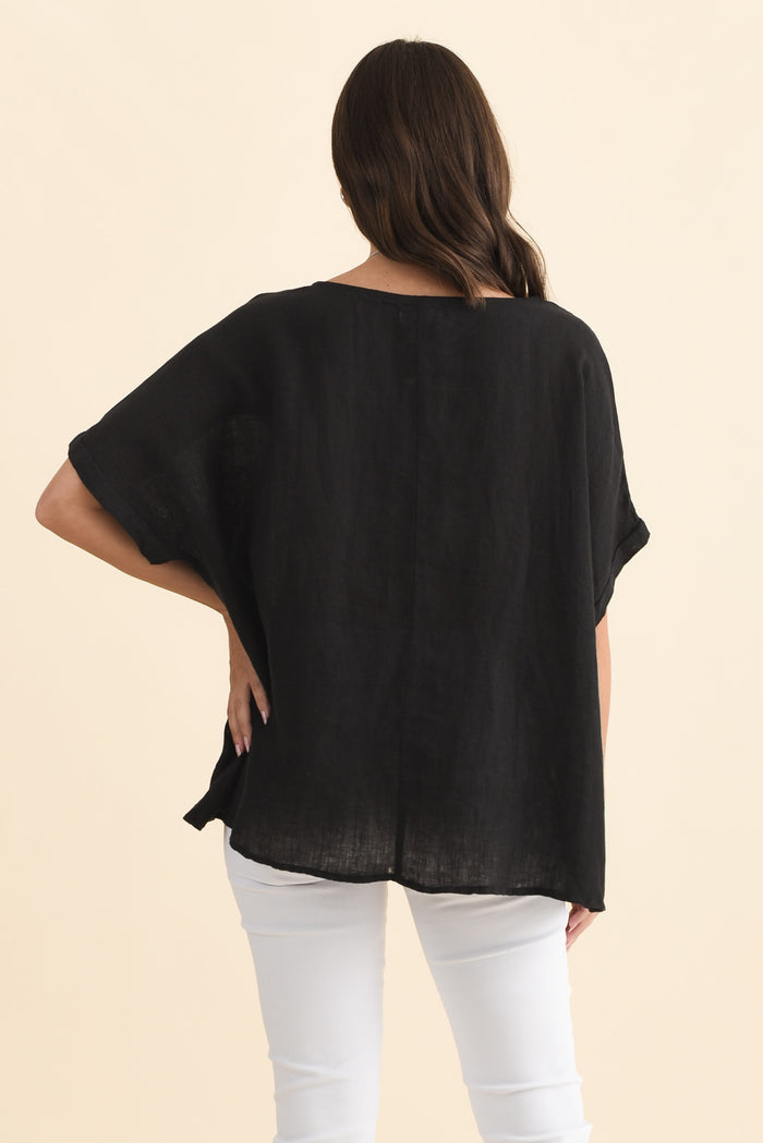 Chaya Black Linen Top,Brunette model,alt text|model:MJ
