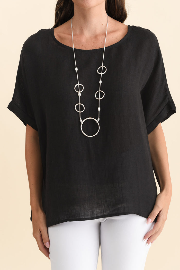 Chaya Black Linen Top,Brunette model,alt text|model:MJ