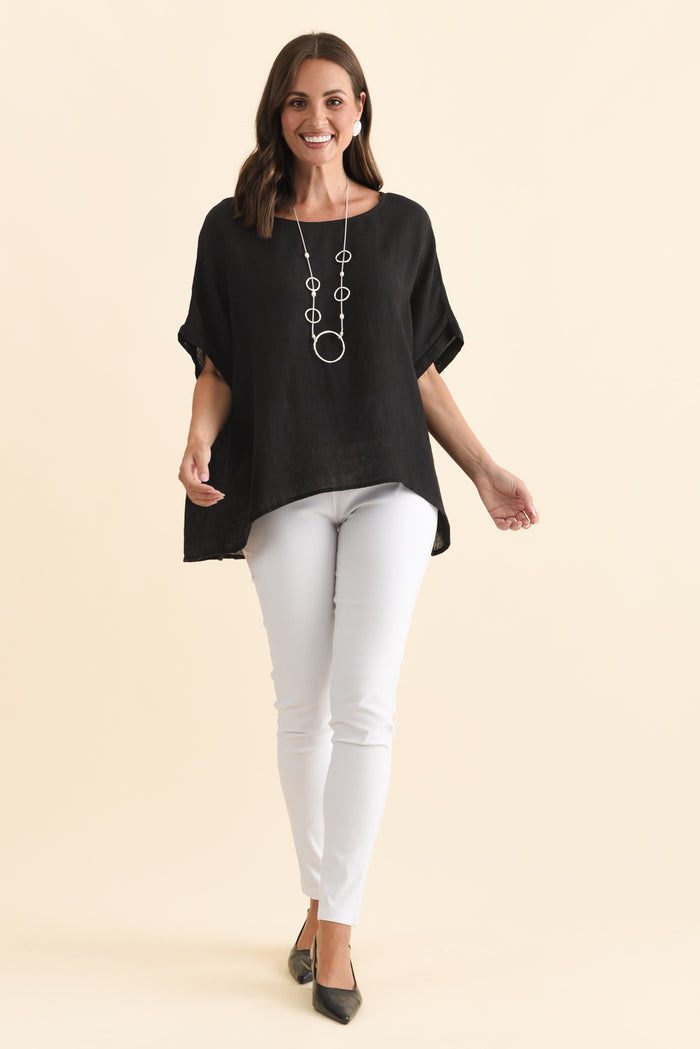 Chaya Black Linen Top,Brunette model,alt text|model:MJ