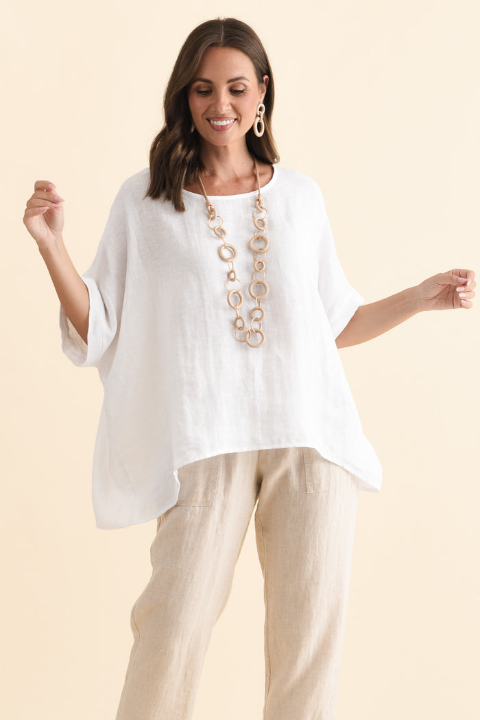 Chaya White Linen Top,Brunette model,alt text|model:MJ
