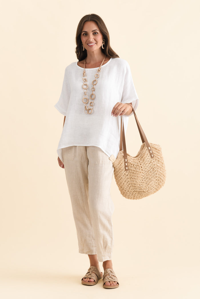 Chaya White Linen Top,Brunette model,alt text|model:MJ