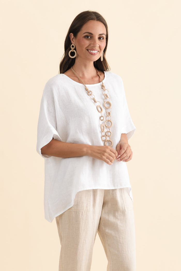 Chaya White Linen Top,Brunette model,alt text|model:MJ