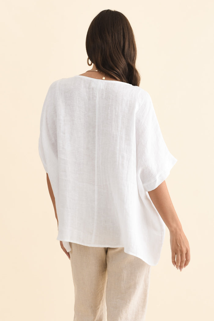 Chaya White Linen Top,Brunette model,alt text|model:MJ