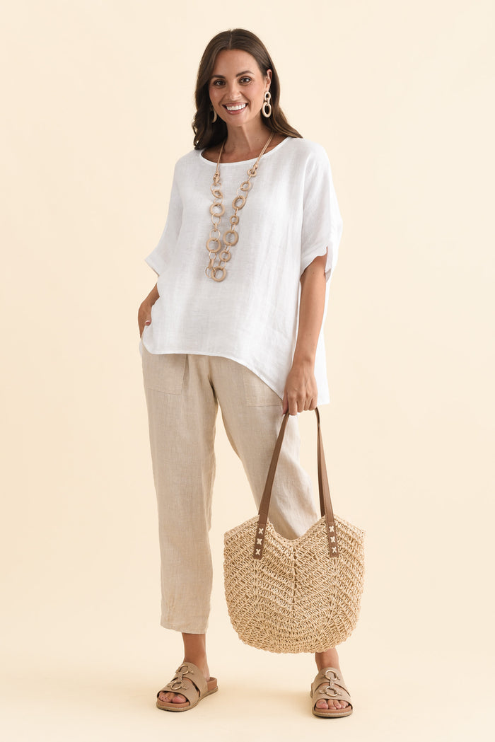 Chaya White Linen Top,Brunette model,alt text|model:MJ