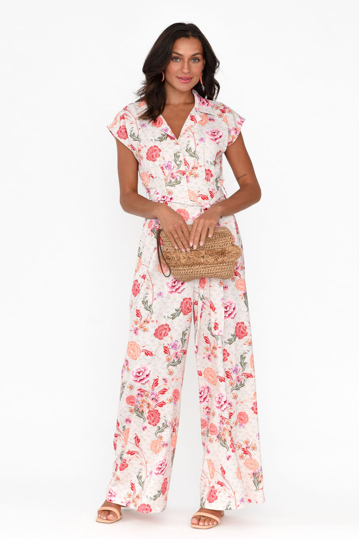 Chiara Pink Bloom Satin Wide Leg Jumpsuit,Brunette model,alt text|model:Brontie