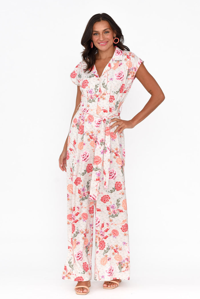 Chiara Pink Bloom Satin Wide Leg Jumpsuit,Brunette model,alt text|model:Brontie