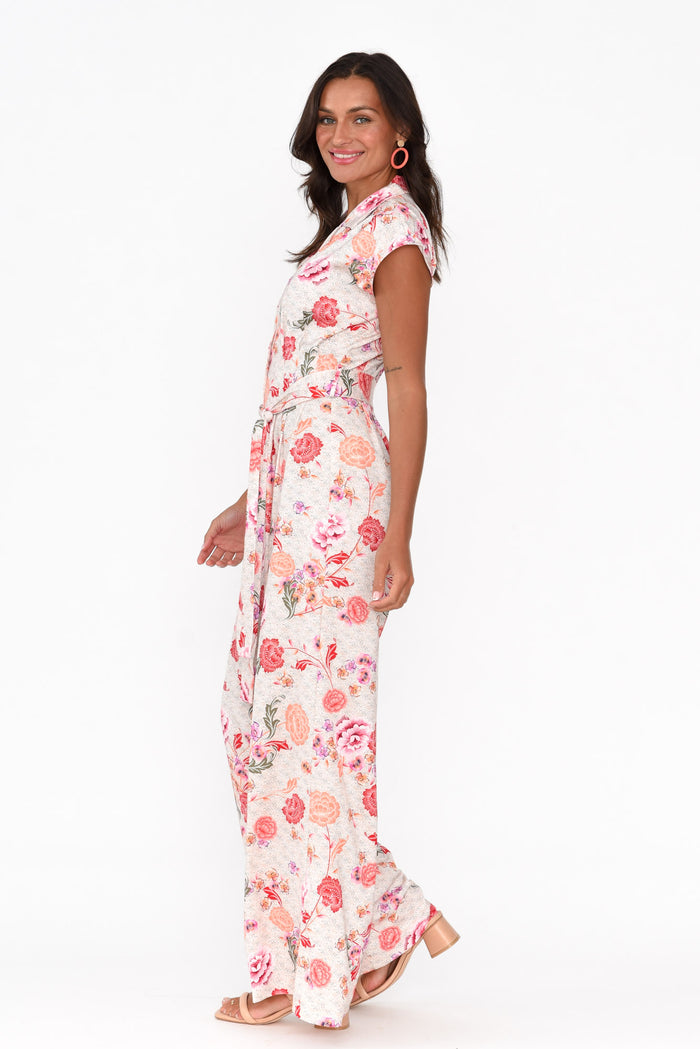 Chiara Pink Bloom Satin Wide Leg Jumpsuit,Brunette model,alt text|model:Brontie