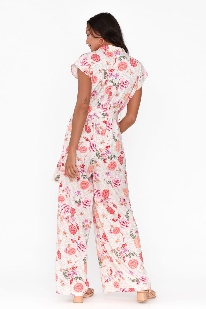Chiara Pink Bloom Satin Wide Leg Jumpsuit,Brunette model,alt text|model:Brontie