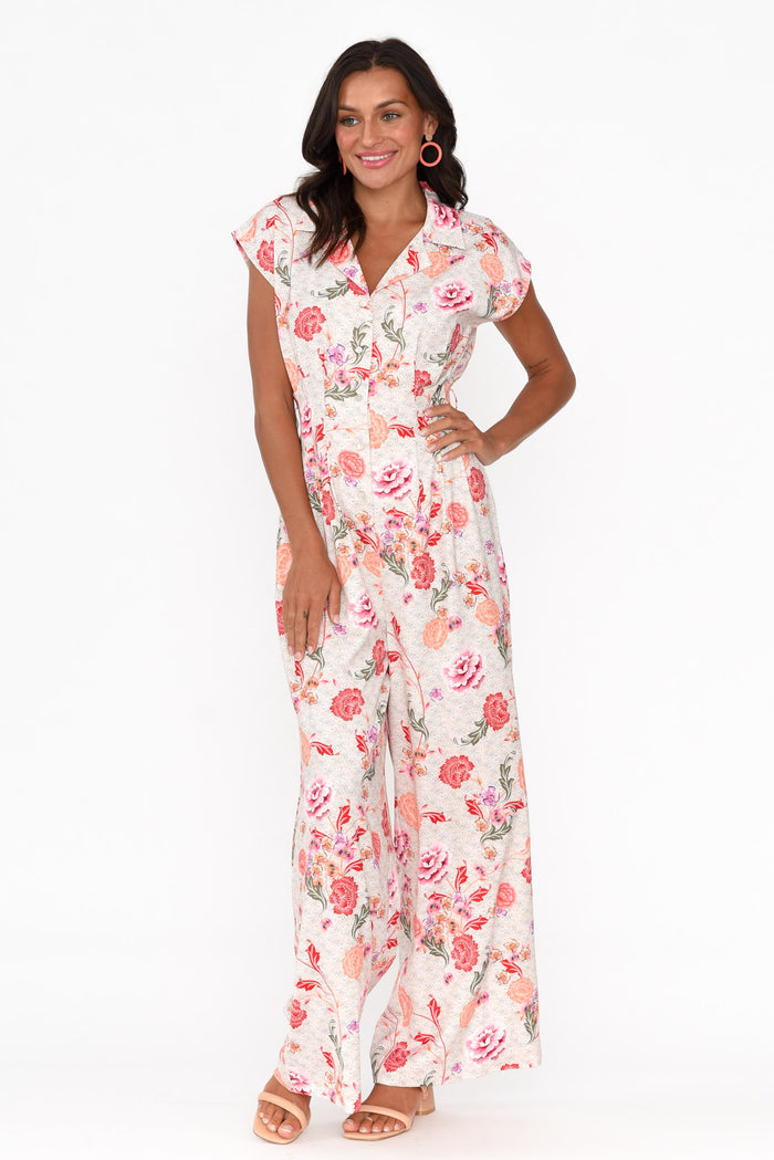 Chiara Pink Bloom Satin Wide Leg Jumpsuit,Brunette model,alt text|model:Brontie
