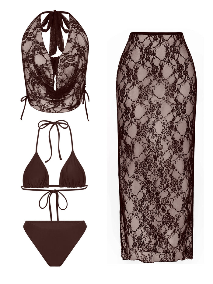 Cinnamon Glow Bikini Top & Skirt Set - Brown