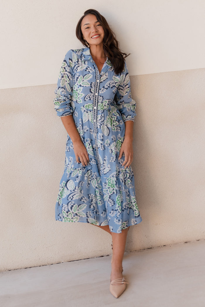 Coastal Blue Leaf Collared Dress,Lifestyle