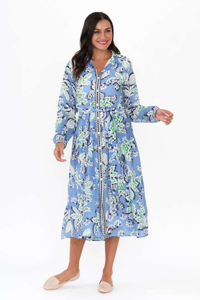 Coastal Blue Leaf Collared Dress,Brunette model,alt text|model:Brontie