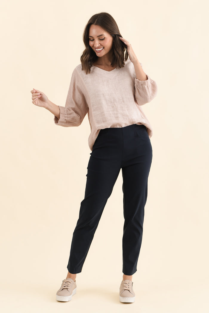 Cody Navy Stretch Pants,Brunette model,alt text|model:MJ