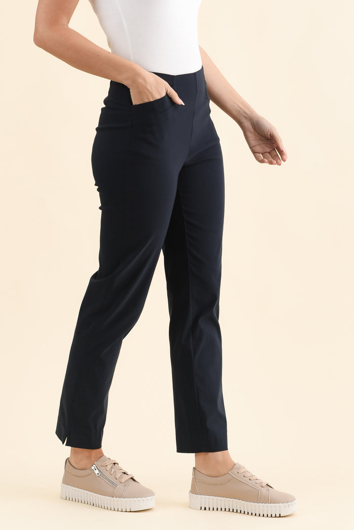 Cody Navy Stretch Pants,Brunette model,alt text|model:MJ