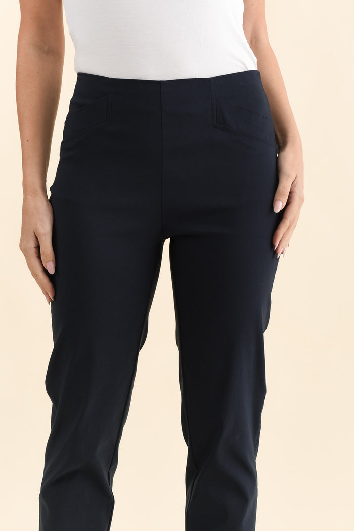 Cody Navy Stretch Pants,Brunette model,alt text|model:MJ