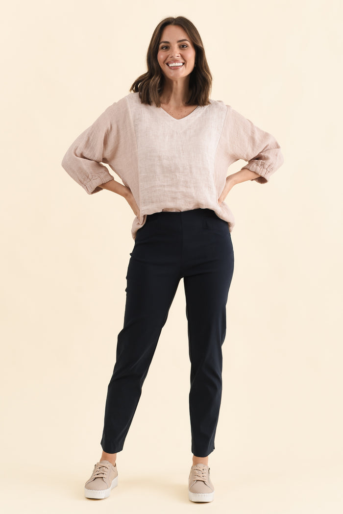 Cody Navy Stretch Pants,Brunette model,alt text|model:MJ