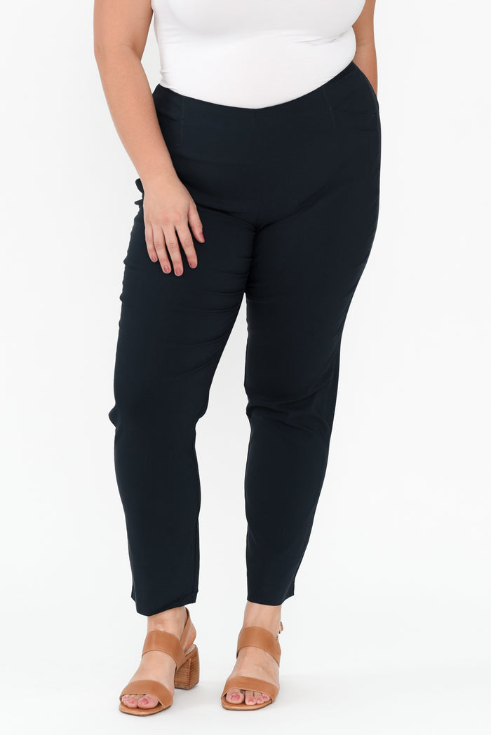 Cody Navy Stretch Pants,Brunette model,plus-size,curve-bottoms,plus-size-Pants,alt text|model:Gabby