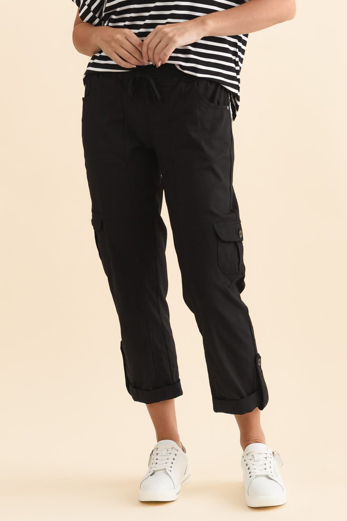 Colette Black Cargo Pants,Brunette model,alt text|model:MJ