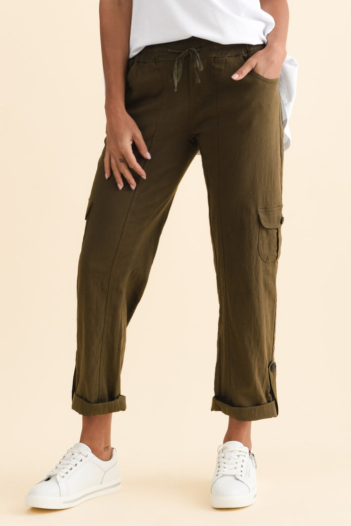 Colette Khaki Cargo Pants,Brunette model,alt text|model:Brontie