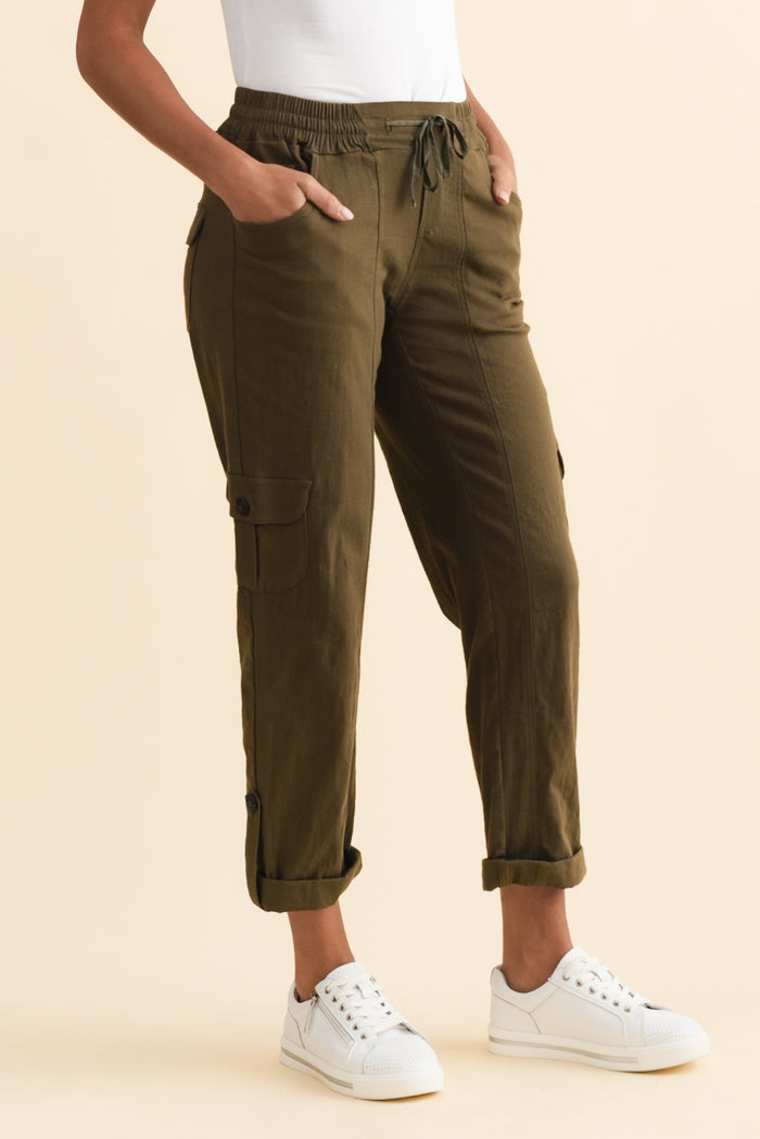 Colette Khaki Cargo Pants,Brunette model,alt text|model:Brontie