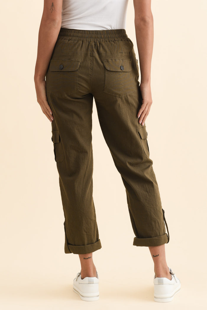 Colette Khaki Cargo Pants,Brunette model,alt text|model:Brontie