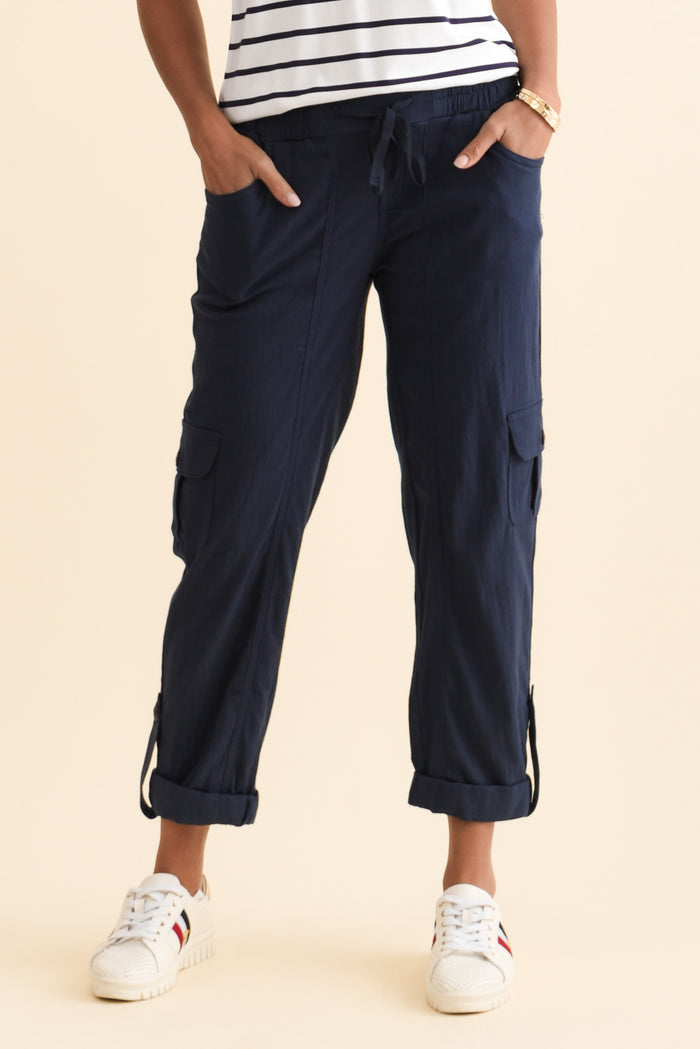 Colette Navy Cargo Pants,Brunette model,alt text|model:Brontie