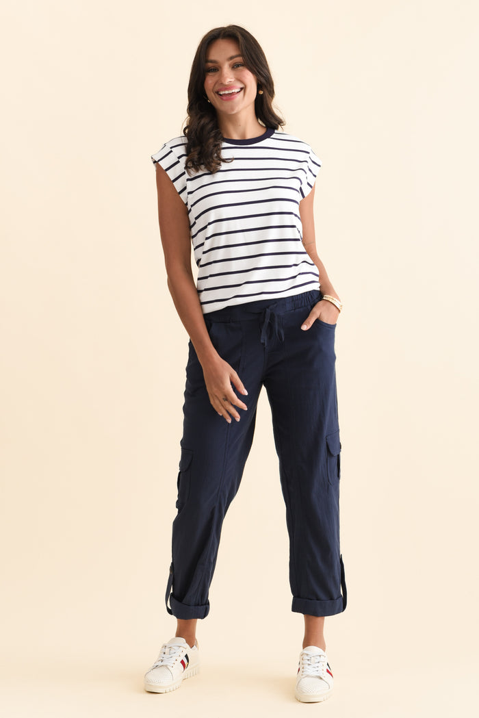 Colette Navy Cargo Pants,Brunette model,alt text|model:Brontie