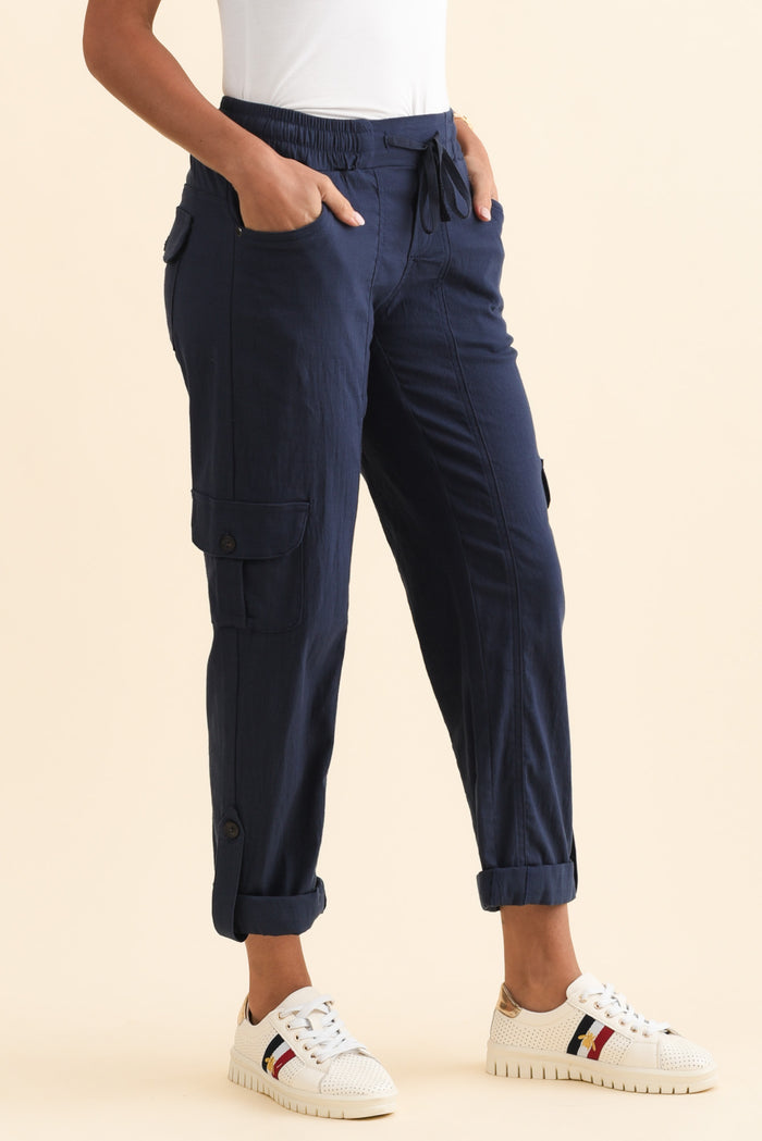 Colette Navy Cargo Pants,Brunette model,alt text|model:Brontie