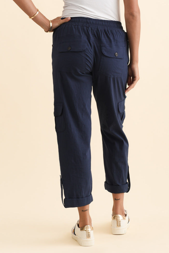Colette Navy Cargo Pants,Brunette model,alt text|model:Brontie