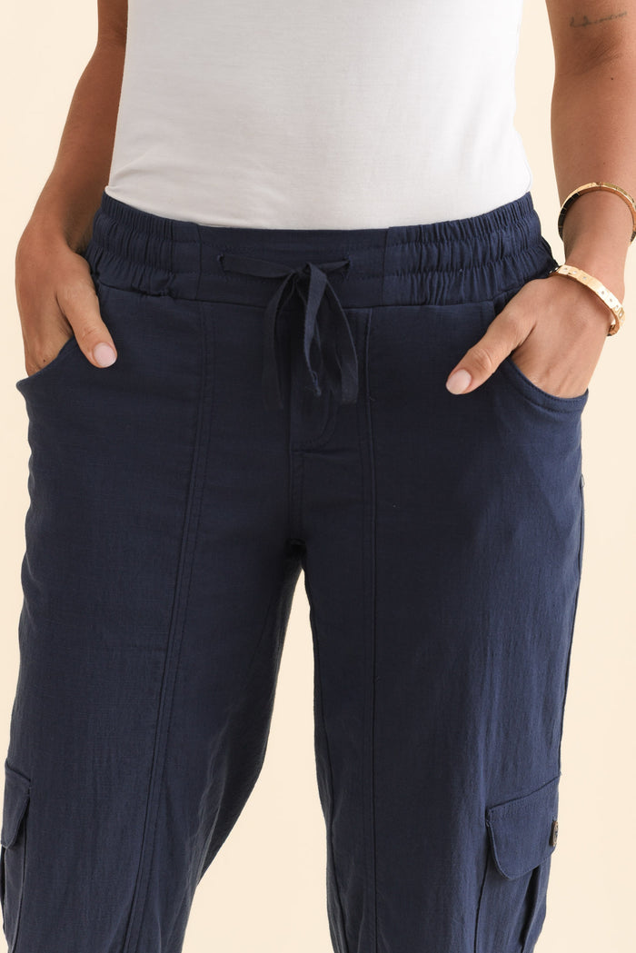 Colette Navy Cargo Pants,Brunette model,alt text|model:Brontie