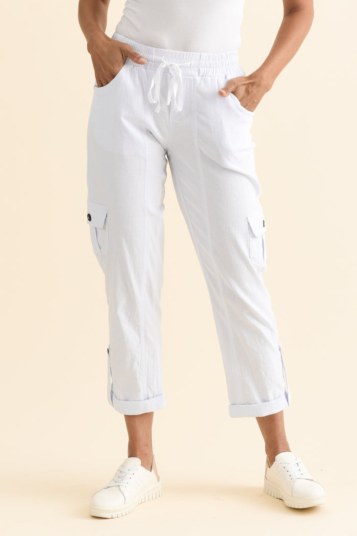 Colette White Cargo Pants,Brunette model,alt text|model:Cara