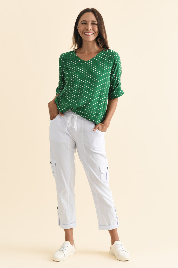 Colette White Cargo Pants,Brunette model,alt text|model:Cara
