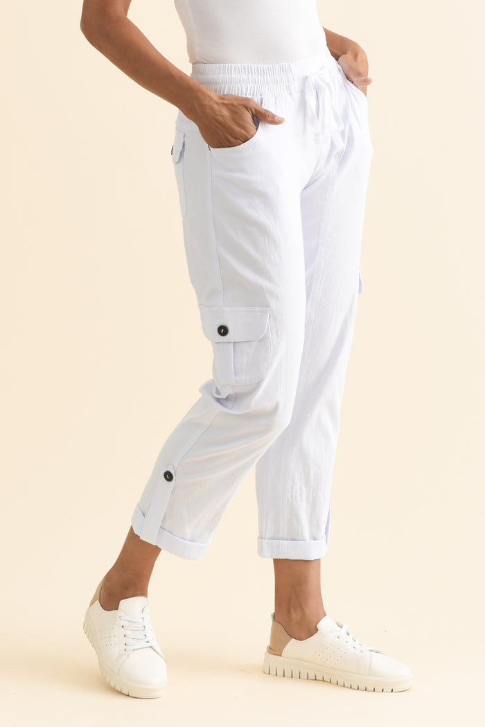 Colette White Cargo Pants,Brunette model,alt text|model:Cara