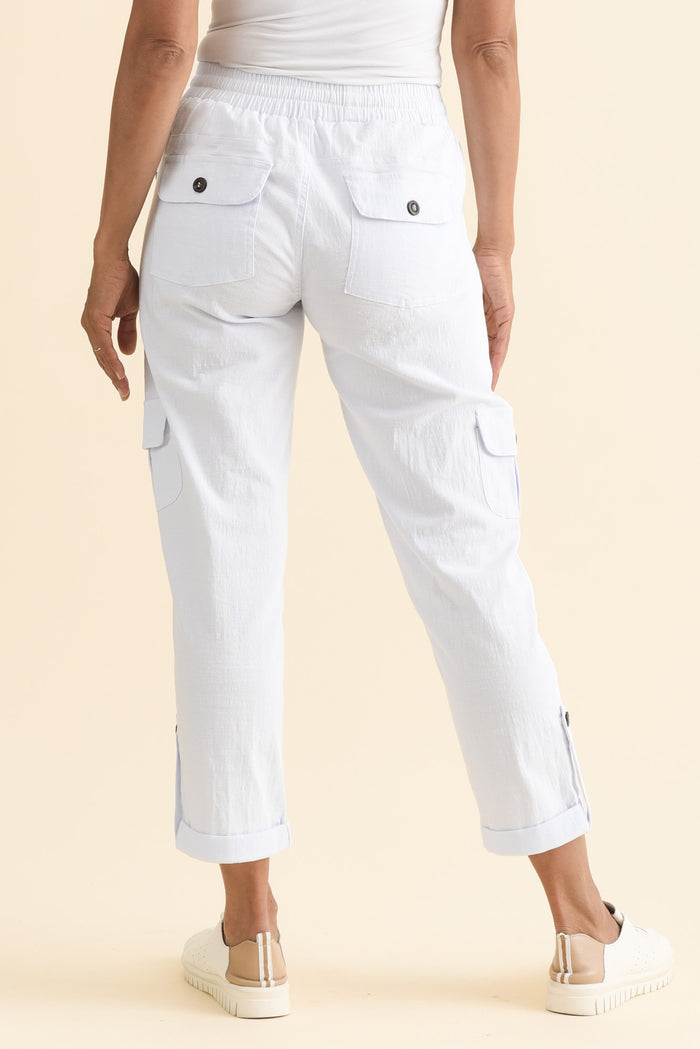 Colette White Cargo Pants,Brunette model,alt text|model:Cara