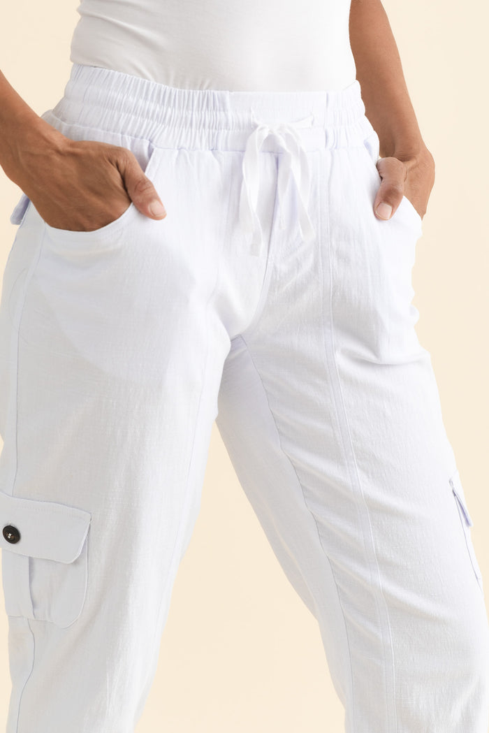 Colette White Cargo Pants,Brunette model,alt text|model:Cara