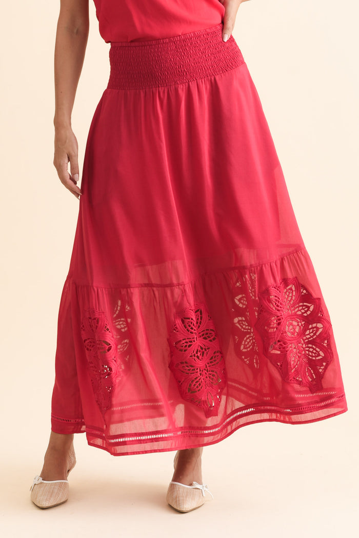 Cordelia Ruby Cotton Silk Skirt,Brunette model,alt text|model:MJ