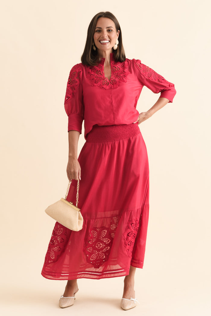 Oleander Ruby Cotton Silk Blouse,Brunette model,alt text|model:MJ