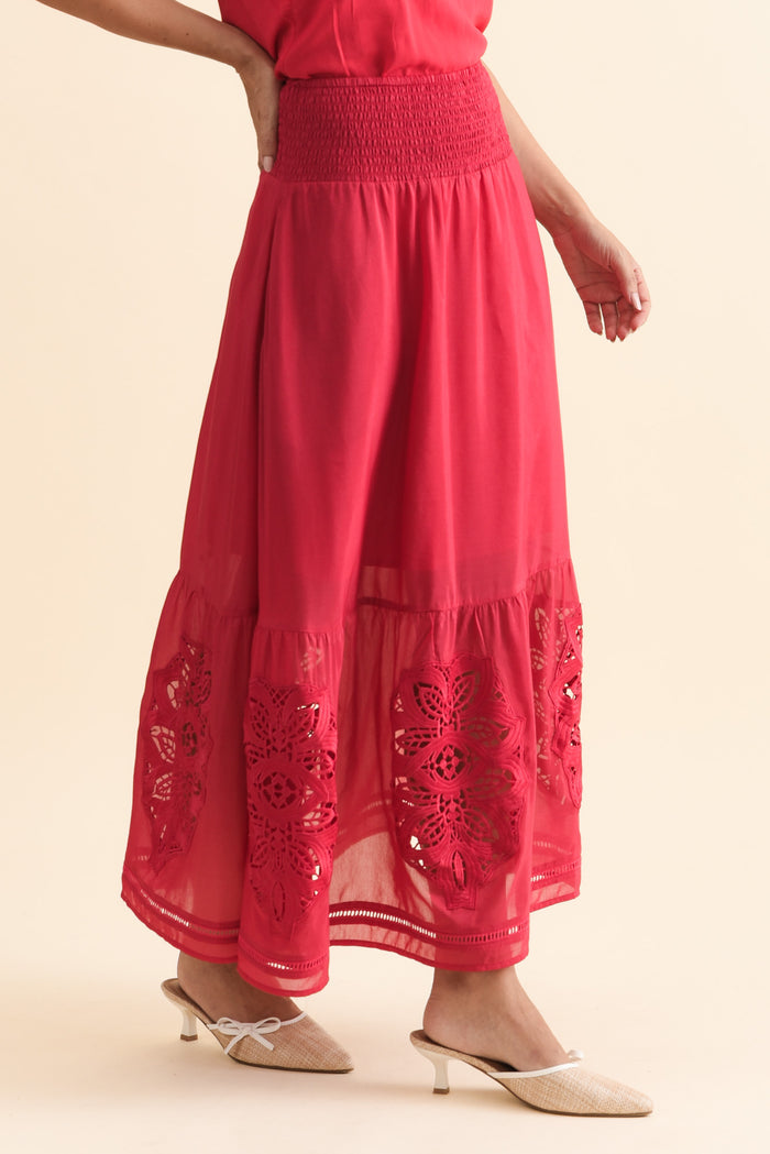 Cordelia Ruby Cotton Silk Skirt,Brunette model,alt text|model:MJ