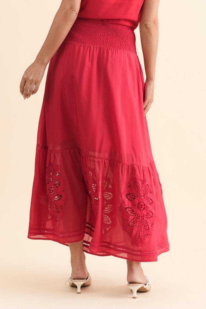 Cordelia Ruby Cotton Silk Skirt,Brunette model,alt text|model:MJ
