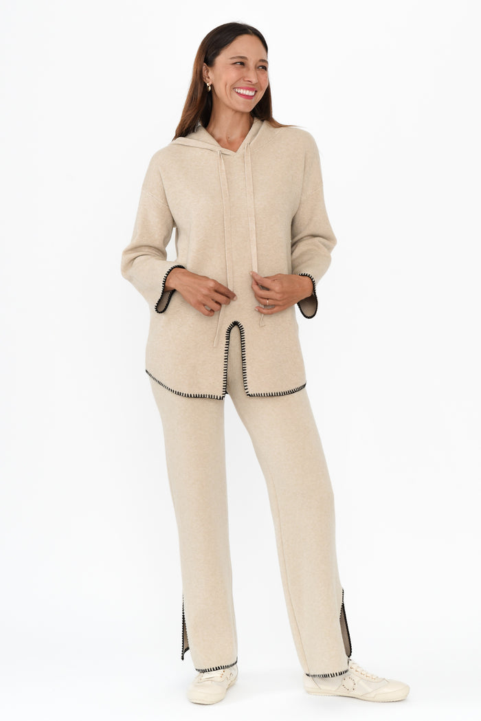 Cosy Natural Contrast Hooded Knit Jumper,Brunette model,alt text|model:Cara