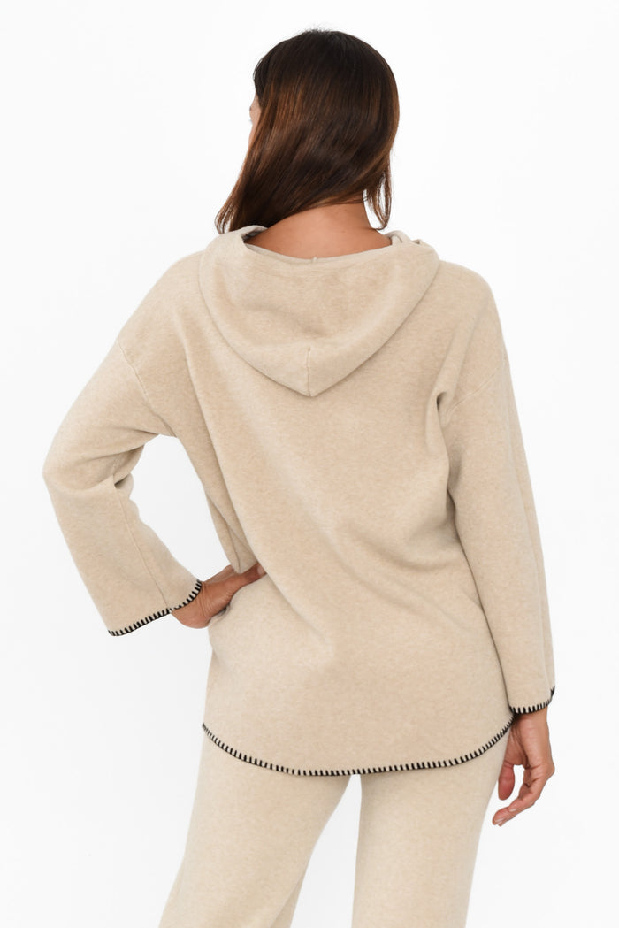 Cosy Natural Contrast Hooded Knit Jumper,Brunette model,alt text|model:Cara