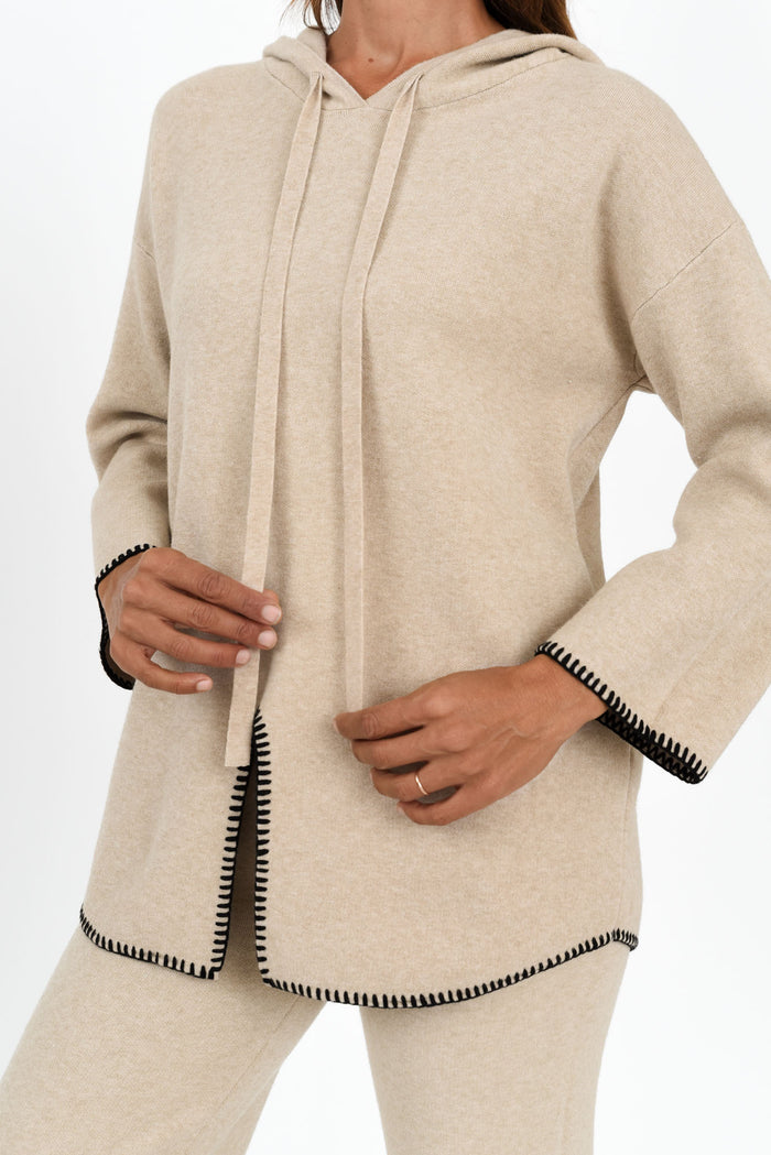 Cosy Natural Contrast Hooded Knit Jumper,Brunette model,alt text|model:Cara