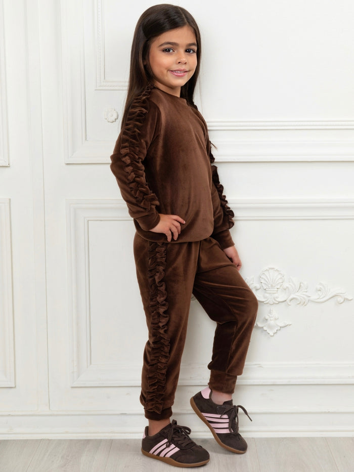 Girls brown velour ruffle jogger set with matching top
