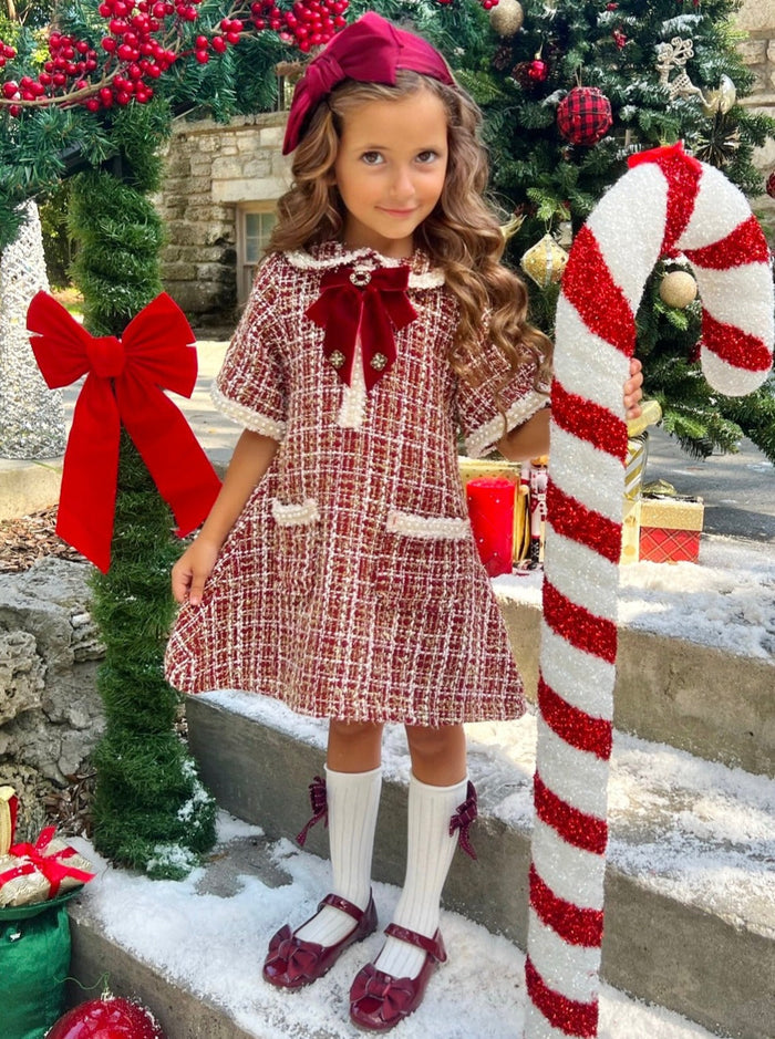 Mia Belle Girls Red Plaid Tweed Dress | Girls Winter Dresses