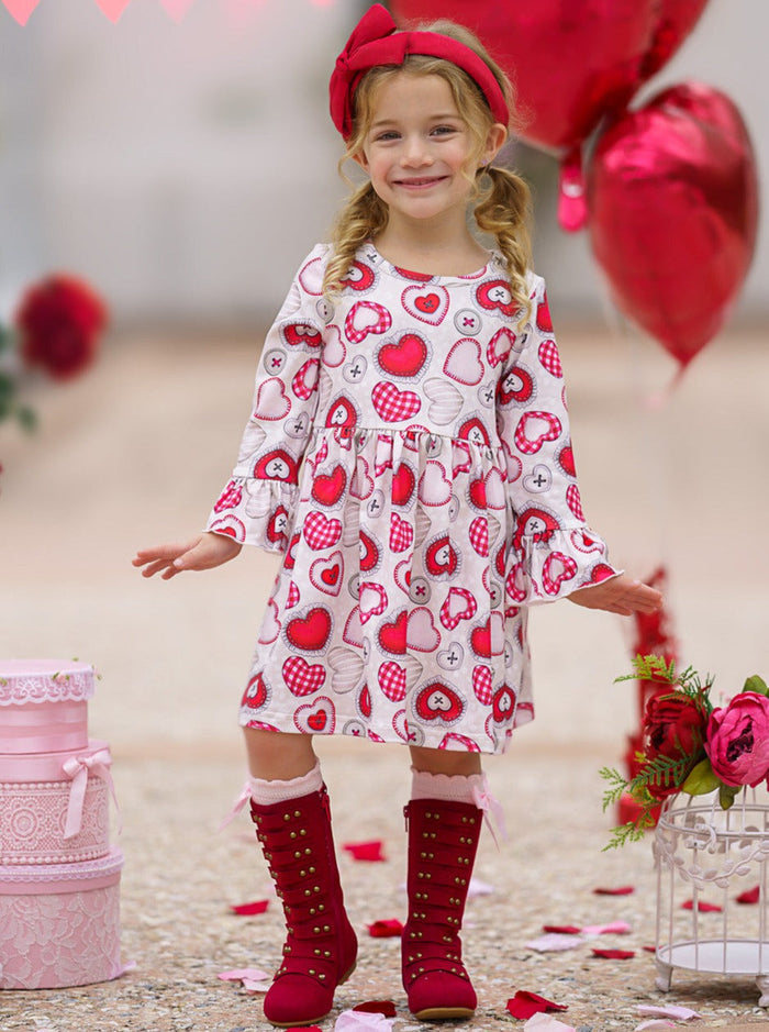 Valentines Day Outfits | Girls Heart Button Print Long Sleeve Dress