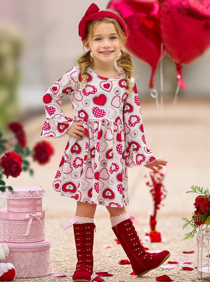 Valentines Day Outfits | Girls Heart Button Print Long Sleeve Dress