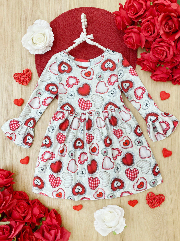Valentines Day Outfits | Girls Heart Button Print Long Sleeve Dress